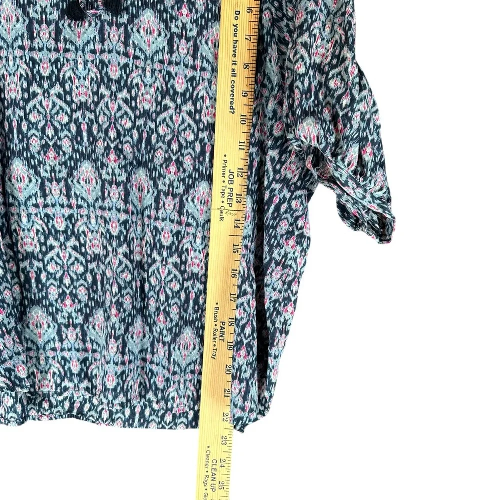 Banana Republic Navy Blue Ikat Print Tie-Neck Blouse with Pink Accents